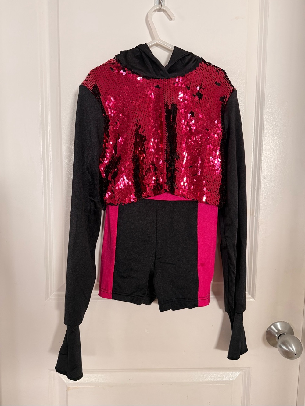 Kids Sequin Dance Hoodie Romper - Black & Fuchsia